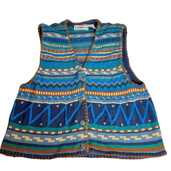 Vintage Westbound Blue Women Knit Sweater Vest Size XL Southwestern Country 90's - Picture 1 of 11